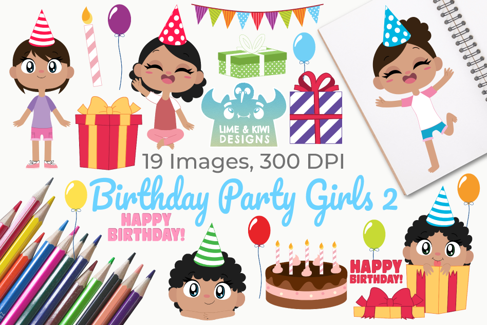 Birthday Party Girls 2 Clipart, Instant Download Vector Art example image 1