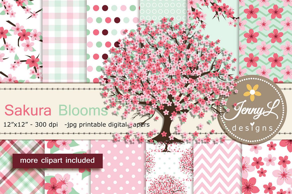 Cherry Blossoms Digital Papers and Sakura Clipart example image 1