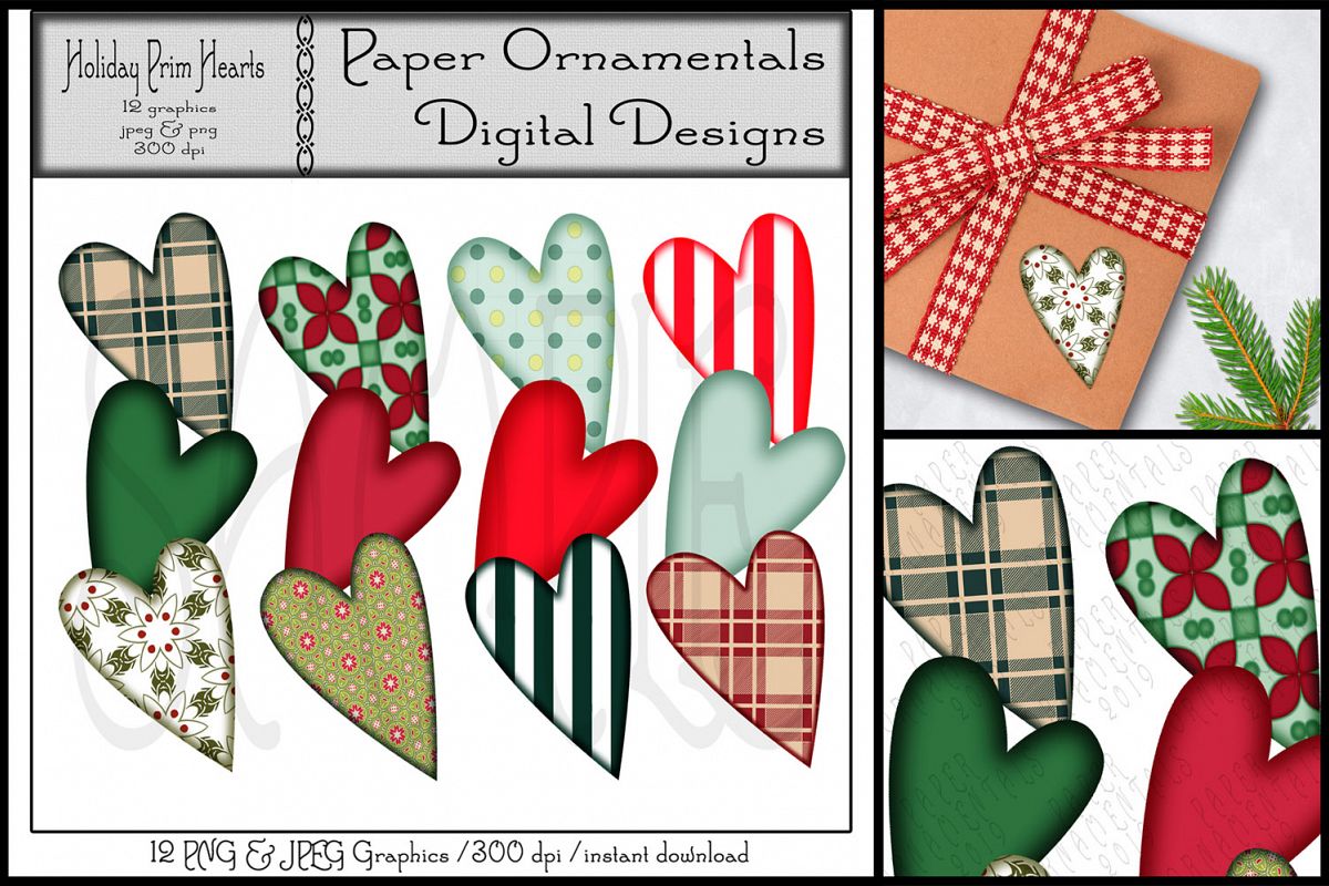 Christmas Clip Art, Holiday Primitive Hearts example image 1
