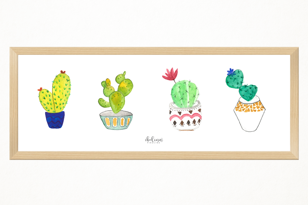 Handmade 4 little cactus art print, 45 x 15 cm, to decor an special place. Room decoration, deco, kitchen, living room. printing. Ready to print example image 1