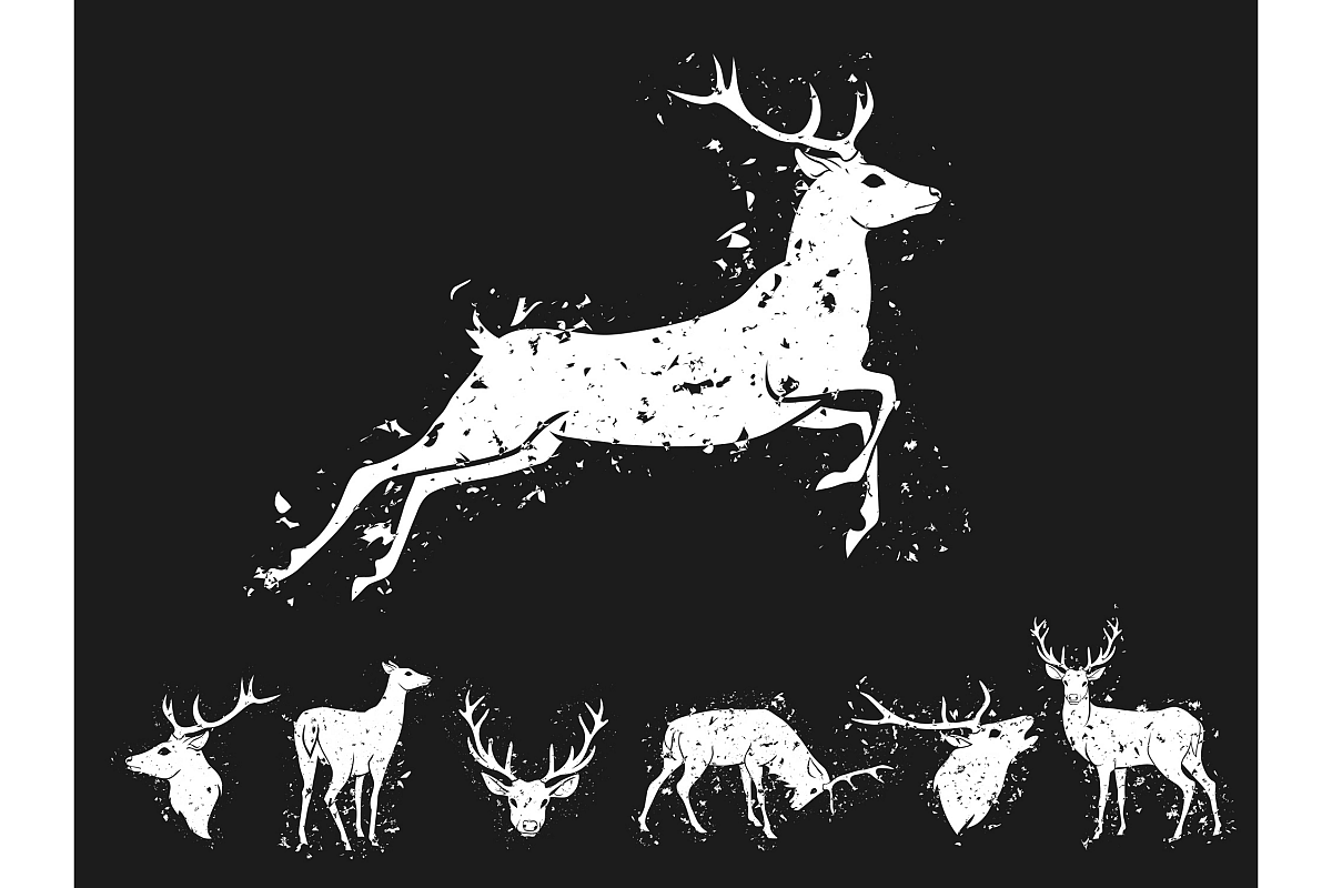 Set of graphic design deer head silhouette with horns in grunge scratched style white on black background. Vector illustration example image 1