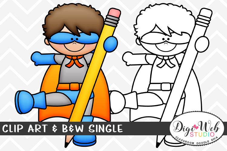 Clip Art & B&W Single - Superhero Boy w/ A Large Pencil example image 1
