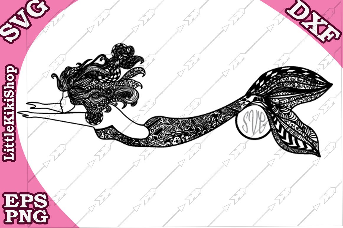 Zentangle Mermaid Monogram Svg, Mandala Mermaid Svg example image 1