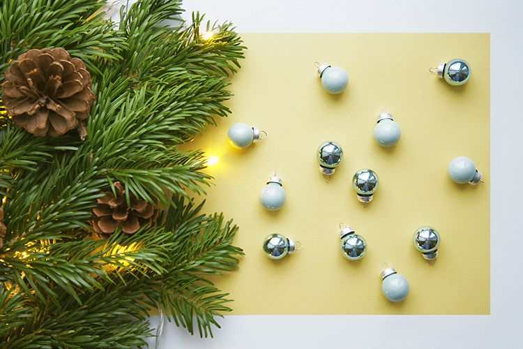 Christmas and New Year yellow background and blue balls example image 1