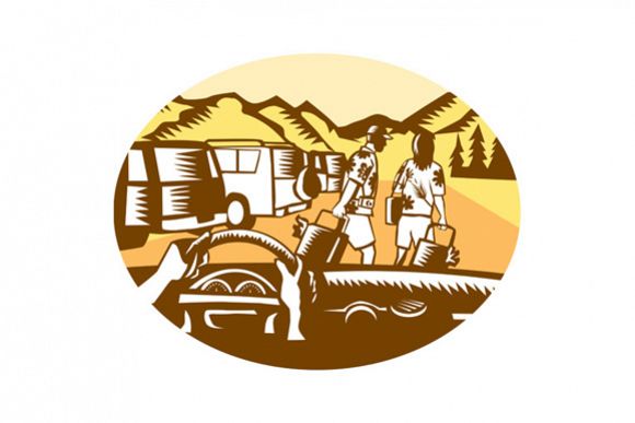 Hands on Wheel Tourist Mountain Oval Woodcut example image 1
