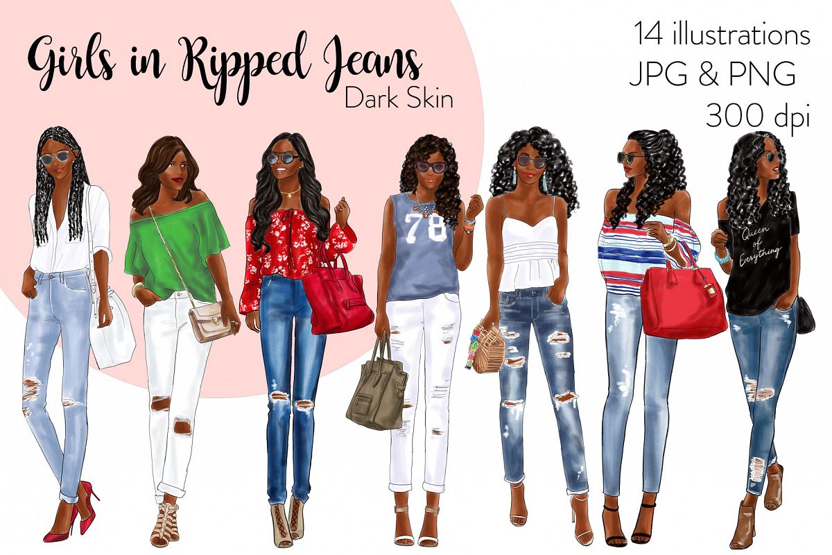 Fashion clipart - Girls in Ripped Jeans - Dark Skin example image 1