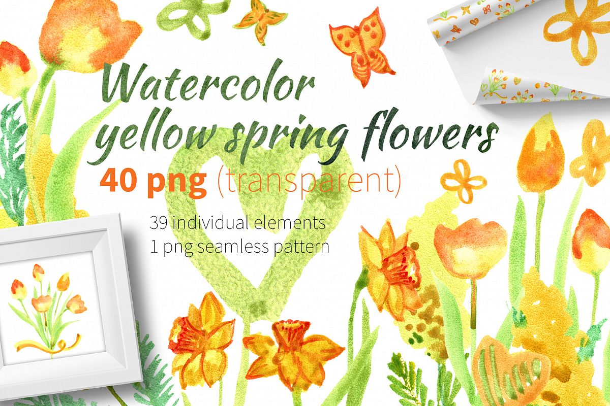 Watercolor yellow spring flowers example image 1