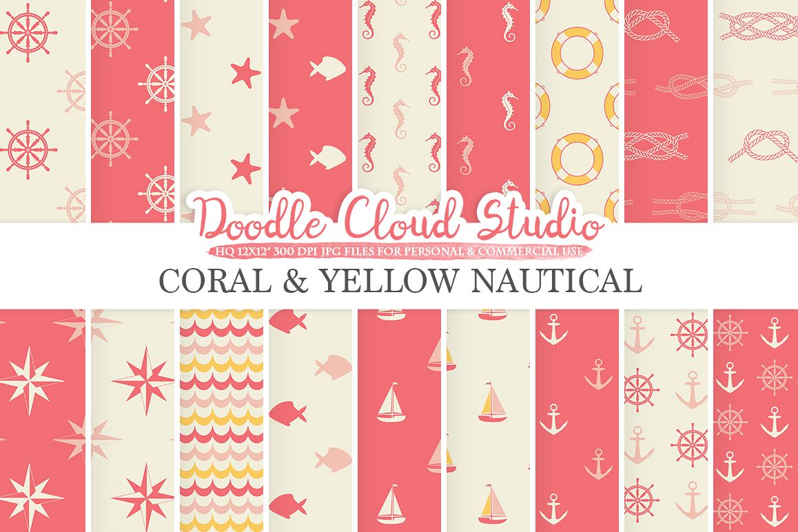 Coral and Yellow Nautical digital paper Pink Seal patterns Ocean Steering wheel Sea waves Anchor backgrounds for Personal & Commercial Use example image 1
