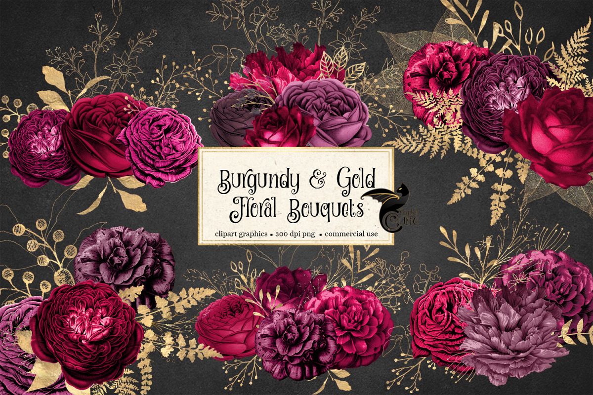 Burgundy and Gold Floral Clipart