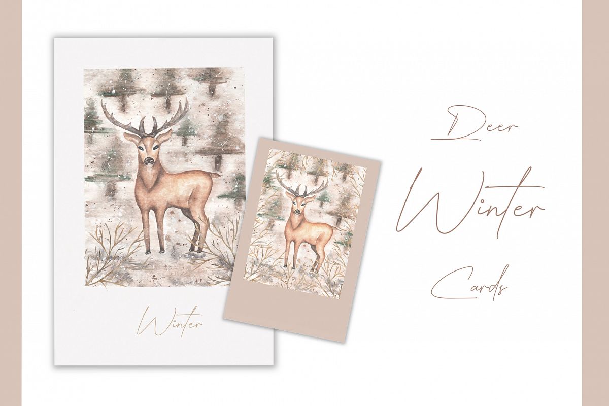 Watercolor winter deer cards example image 1