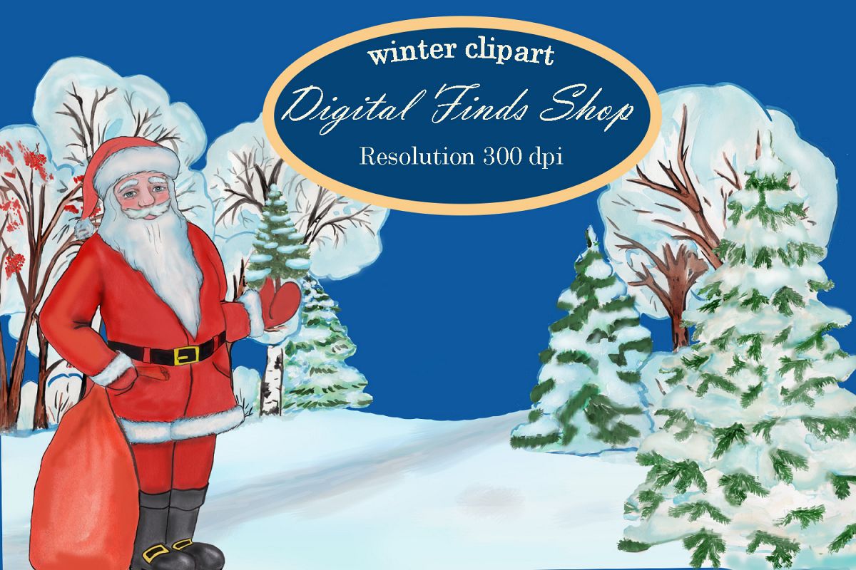Christmas clipart, winter forest trees with Santa Claus example image 1