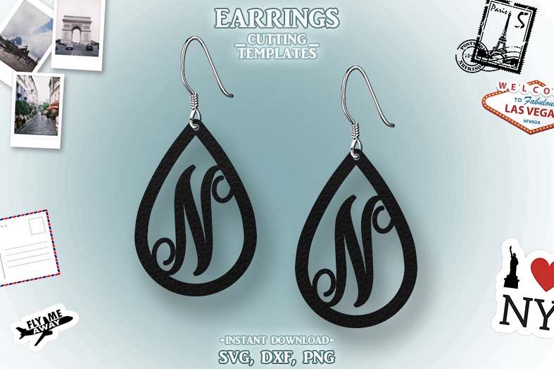 Letter N, Teardrop Monogram Earrings, SVG, Cut File, Cricut example image 1