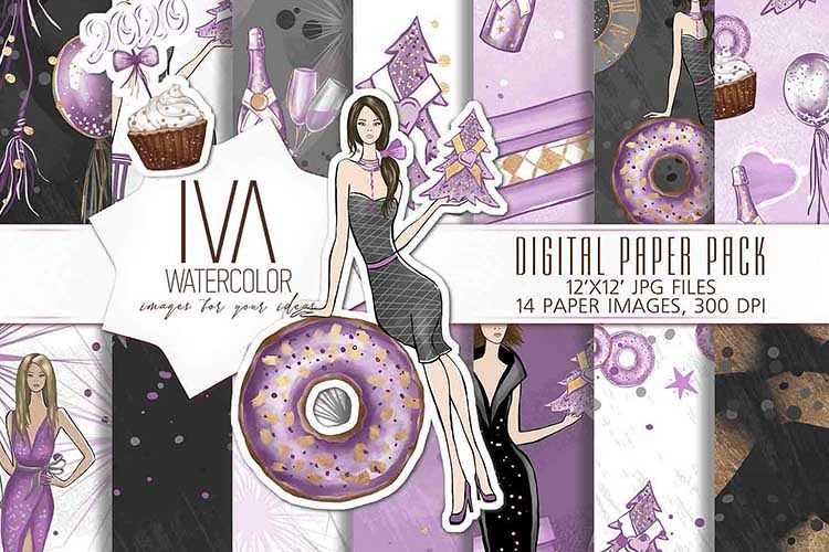 New Year's Eve Digital Paper Pack, Fashion Illustration example image 1