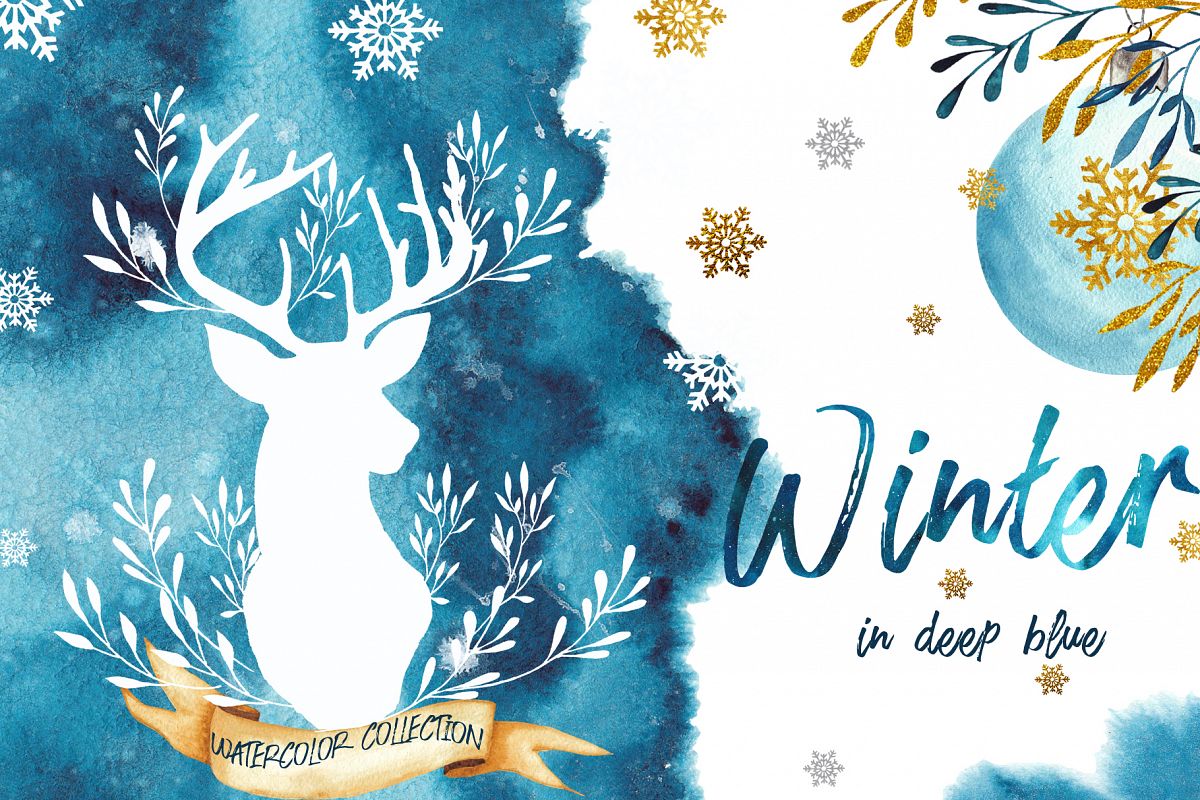 Winter in deep blue. Watercolor collection example image 1
