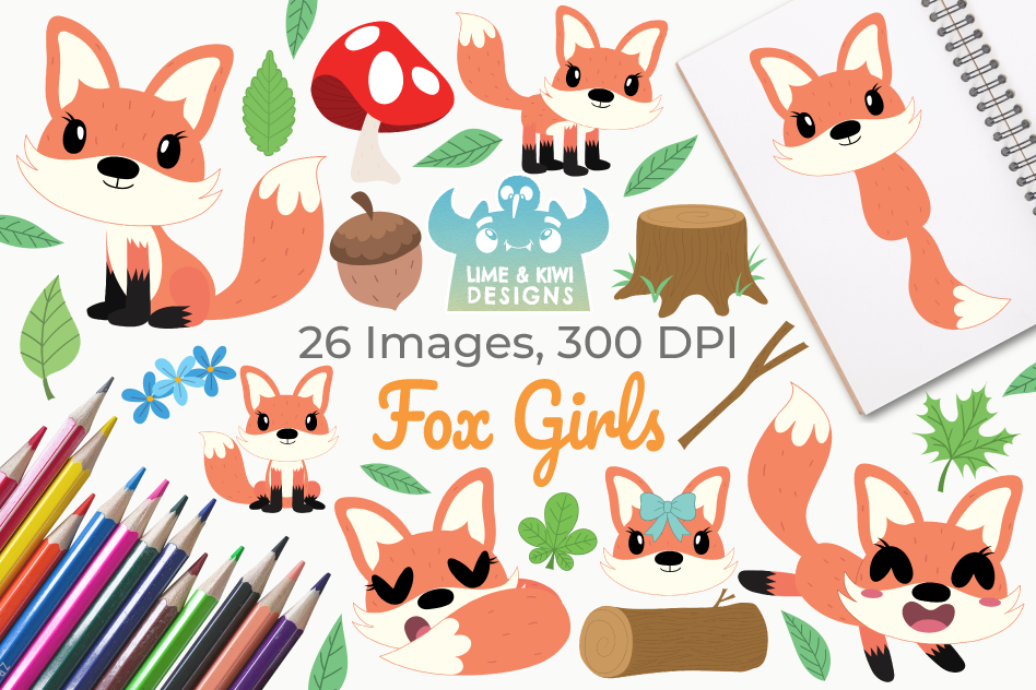 Fox Girls Clipart, Instant Download Vector Art example image 1