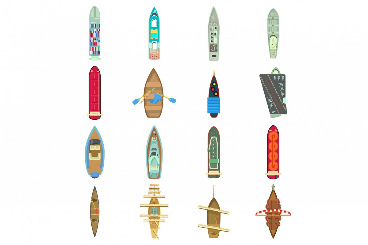 Boat top view above over icons set, cartoon style example image 1