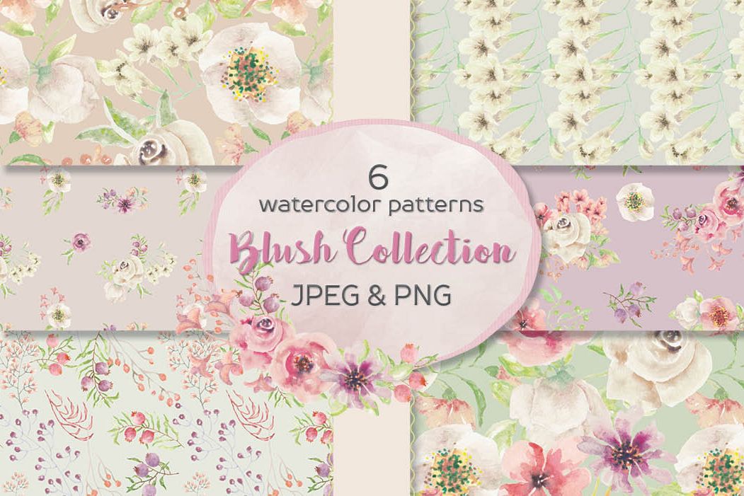 Set of 6 watercolor patterns in blush tones example image 1