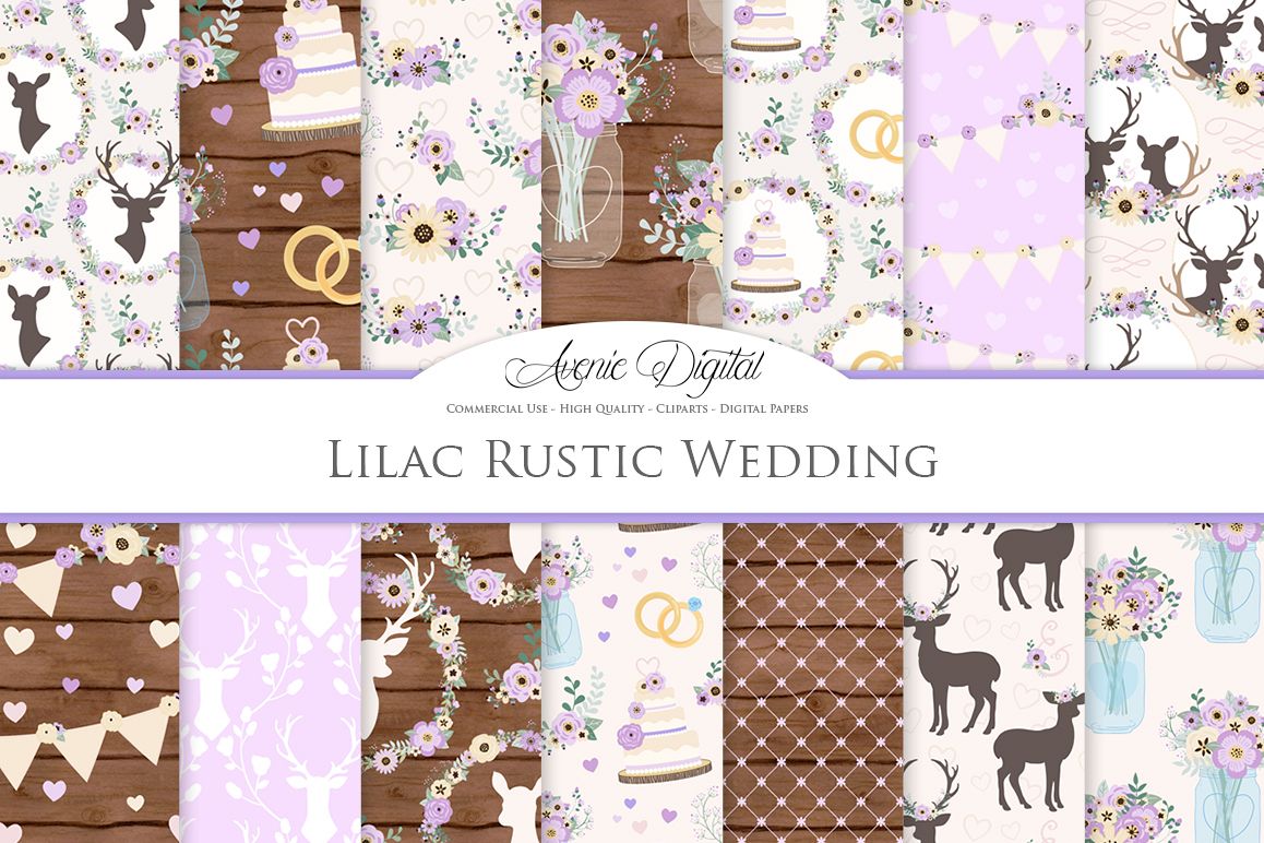 Purple Wedding Digital Paper - Lilac Rustic Wedding Deer Seamless Patterns example image 1