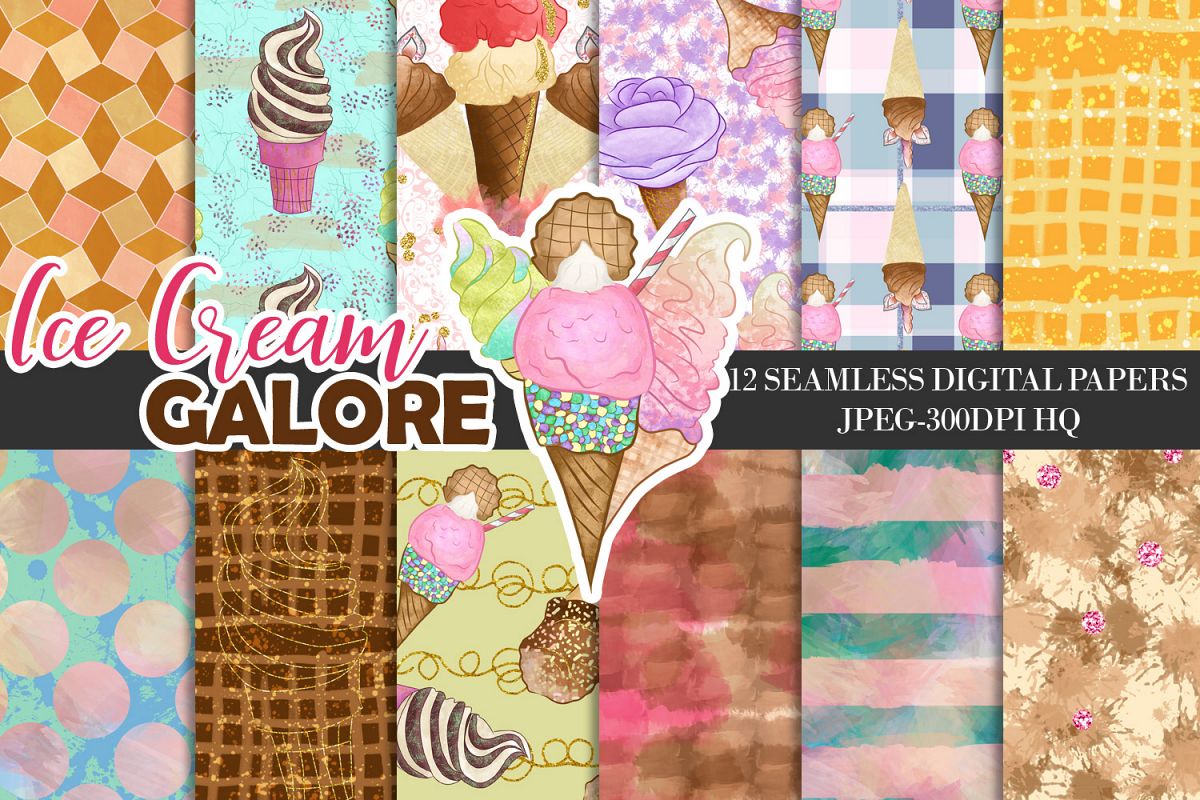 Ice Creams Digital Papers, Summer Seamless Patterns, Dessert Backgrounds example image 1