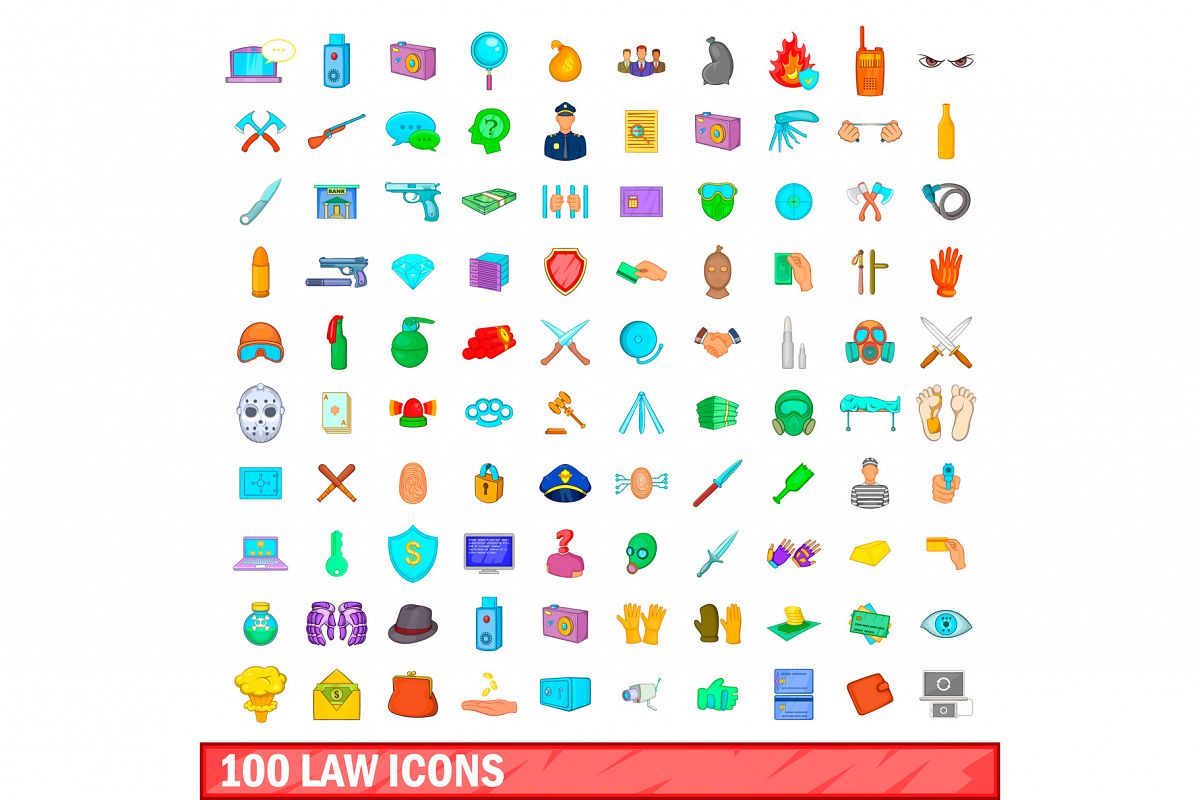 100 law icons set, cartoon style example image 1