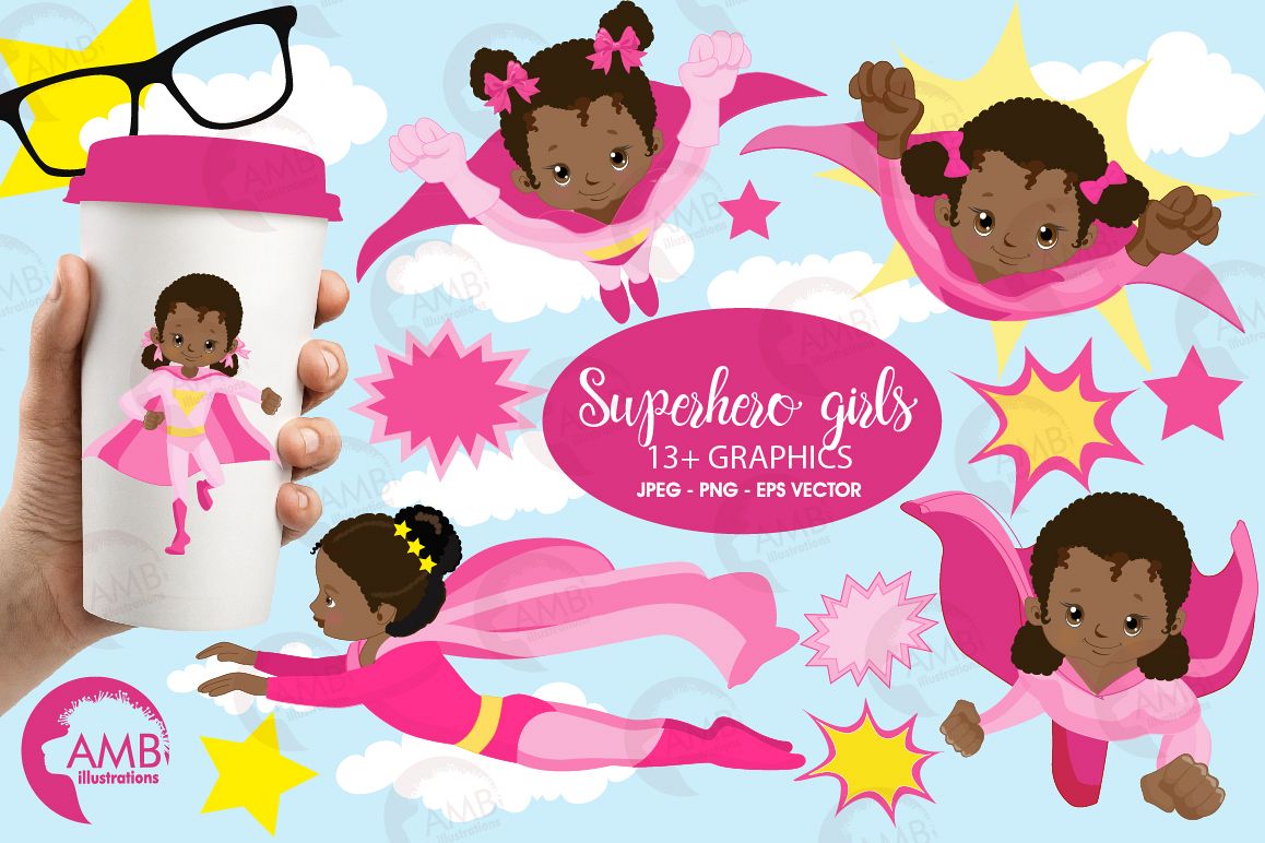 Superhero girls clipart, Dark skin tone, African American supergirls graphics, illustrations AMB-1801 example image 1