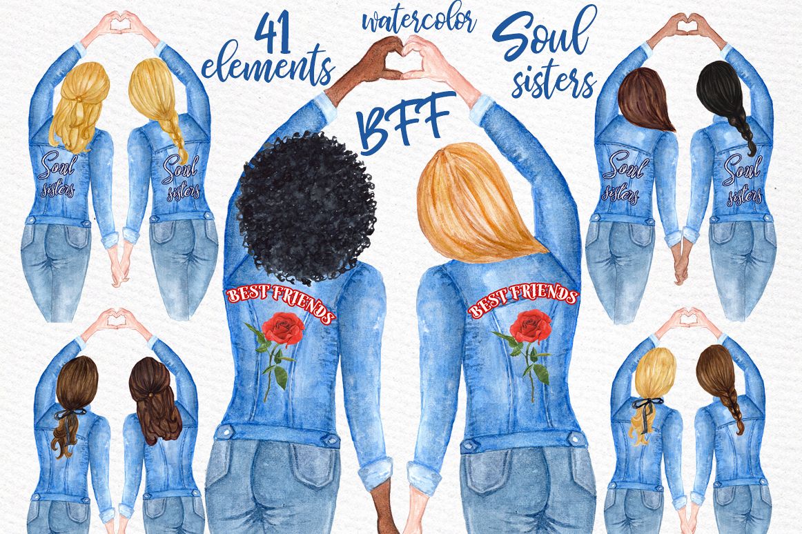 Best Friends Soul Sisters Watercolor Clipart example image 1