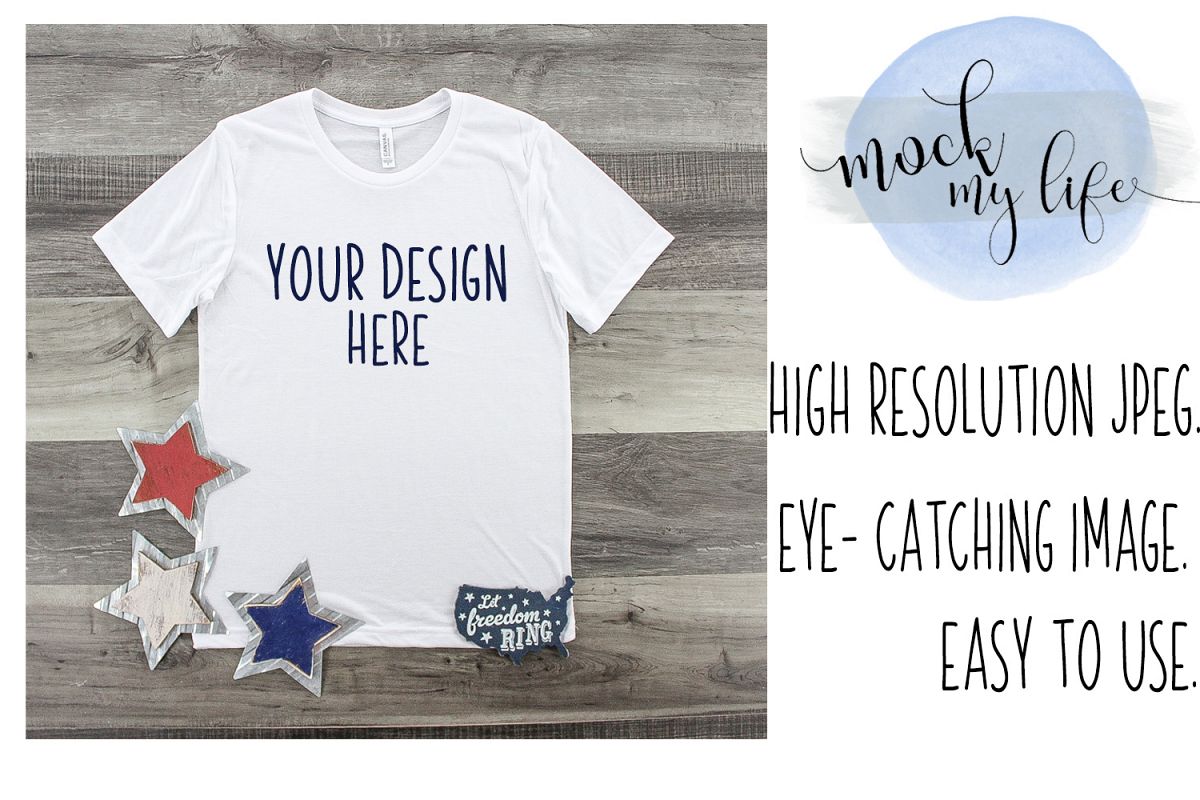MockUp Bella Canvas White Shirt / Patriotic Flat Lay example image 1