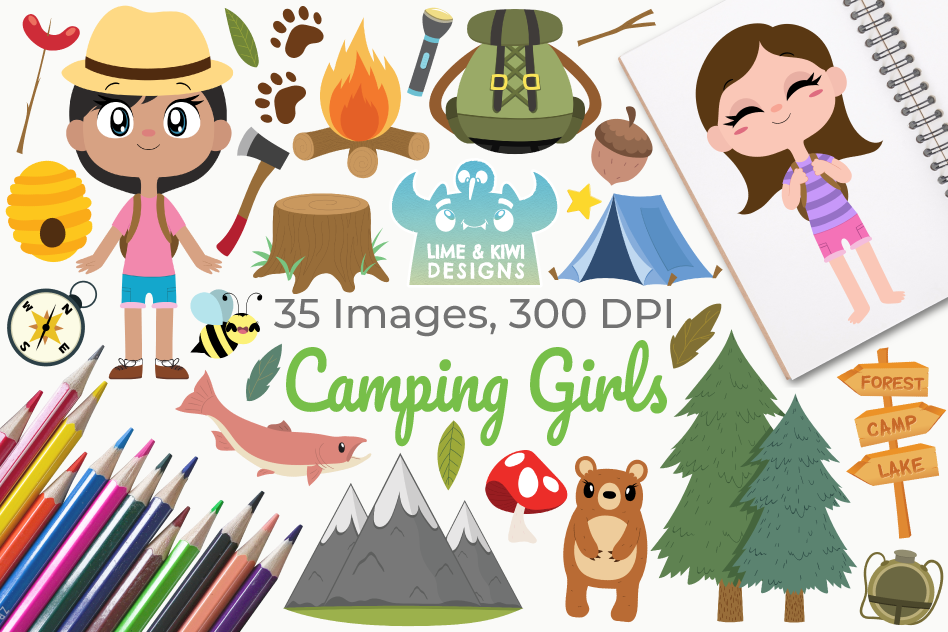 Camping Girls Clipart, Instant Download Vector Art example image 1