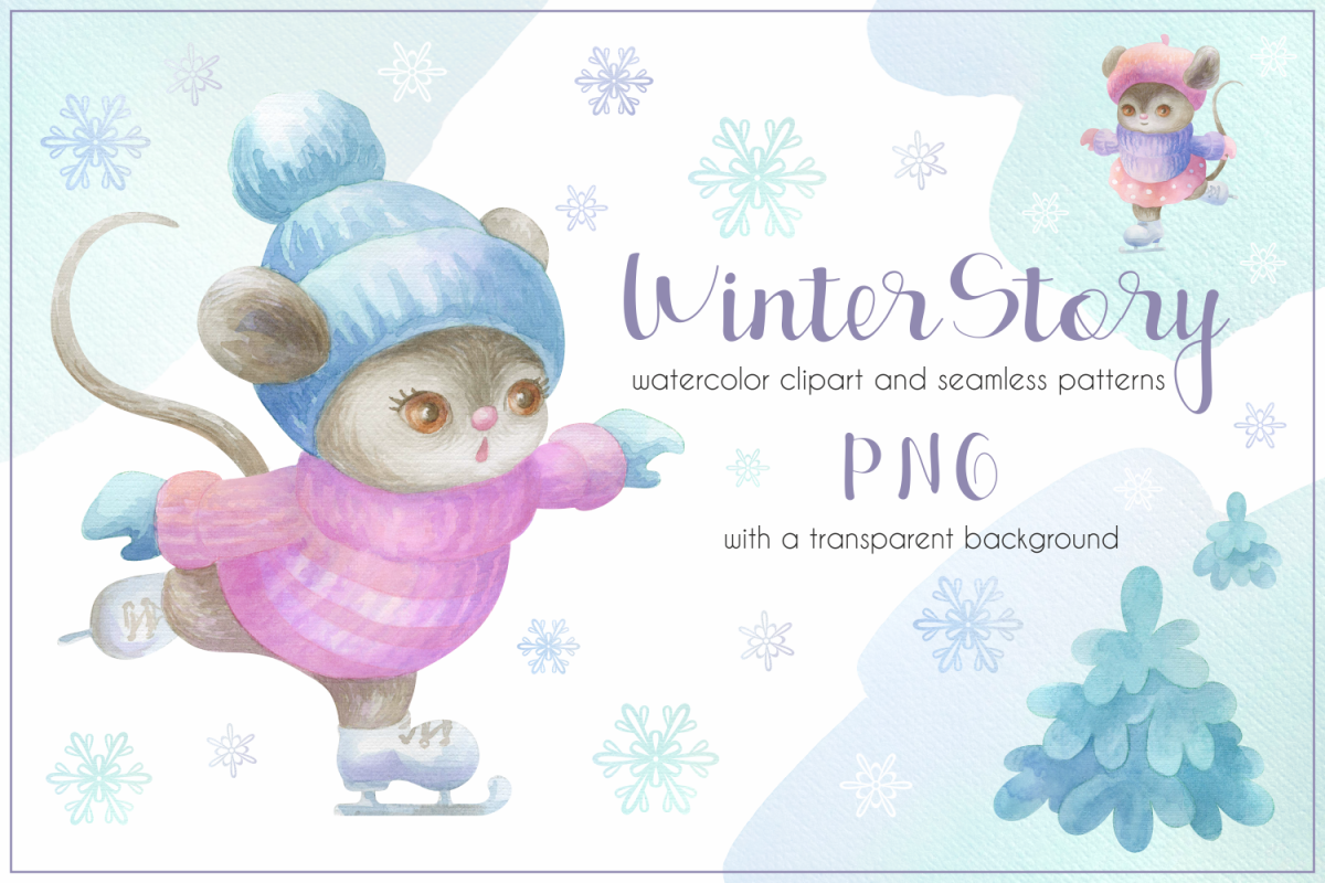 Winter story. Cute little mice. Watercolor set example image 1
