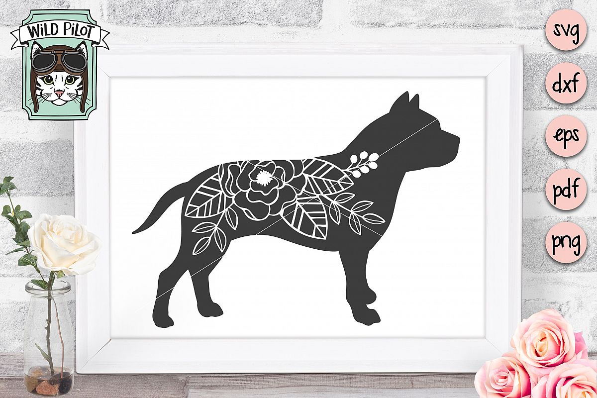 Dog SVG file, Pitbull SVG, Flower Dog Silhouette, Floral Dog example image 1
