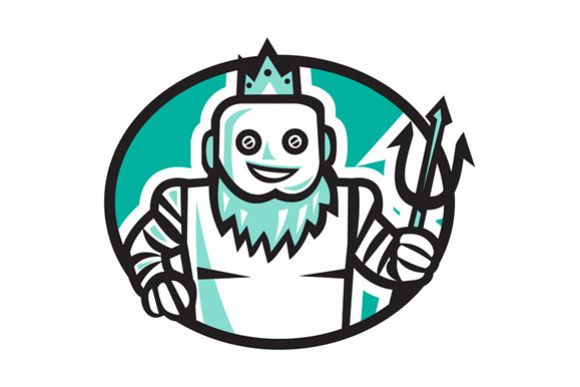 Robotic Poseidon Holding Trident Oval Retro example image 1