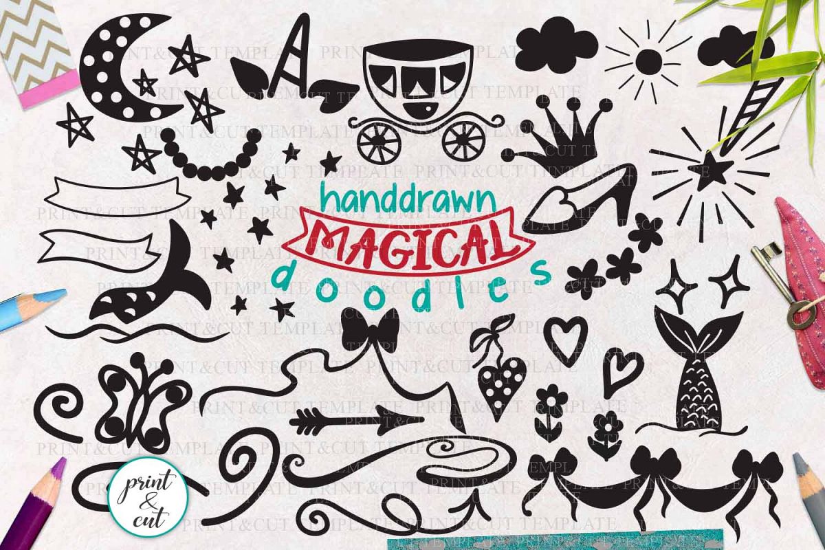 Download Unicorn Mermaid Princess doodles bundle svg cutting elements (136305) | SVGs | Design Bundles