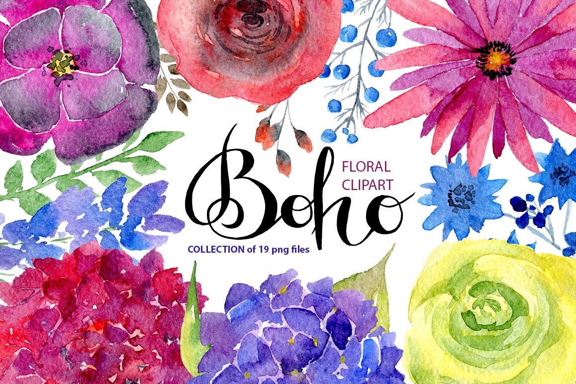 Watercolor bright boho flowers example image 1
