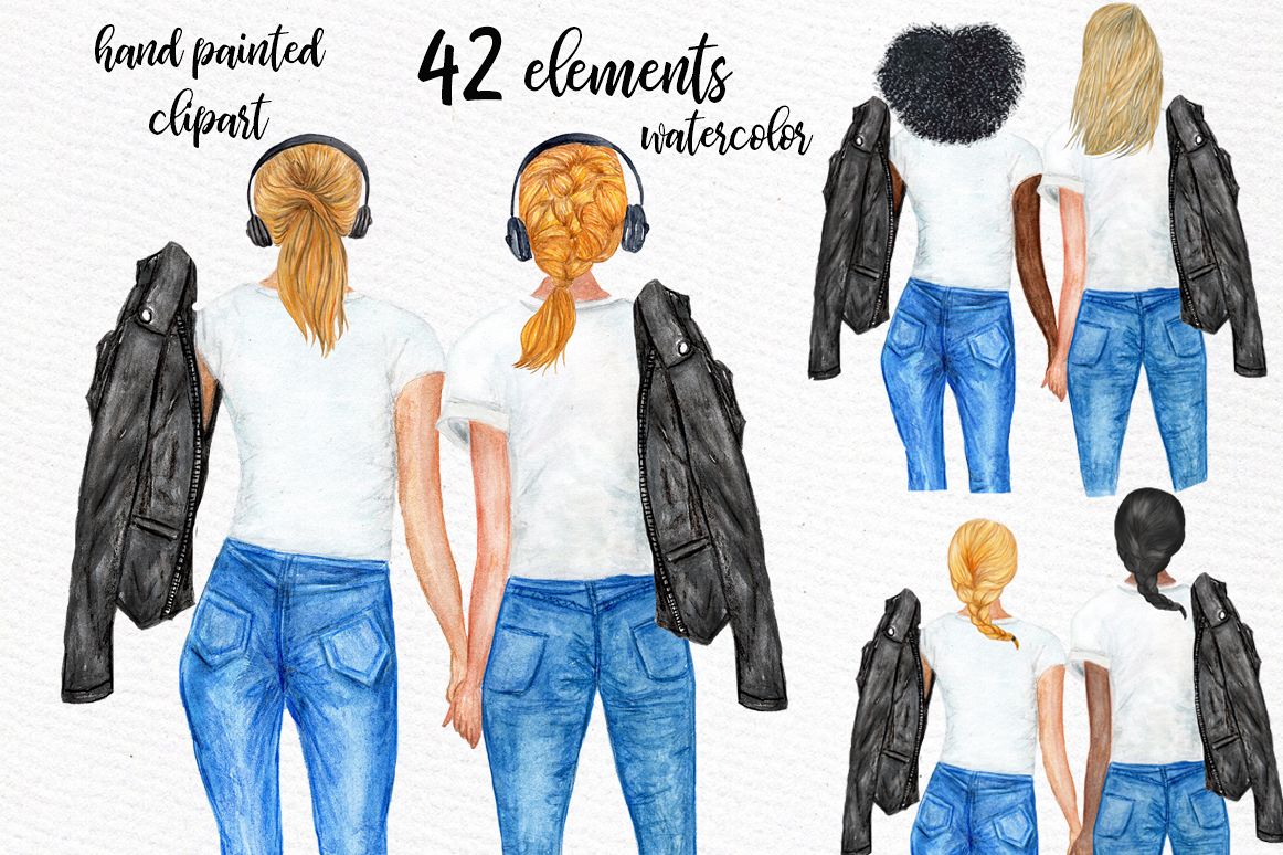 Watercolor Planner Girls Clipart, Besties clipart, BFF Art example image 1