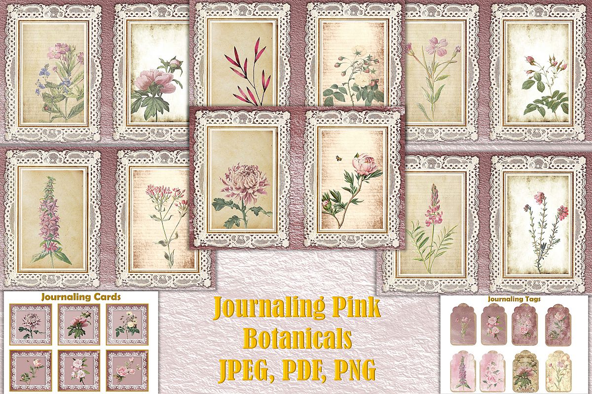 Journaling Kit Pink Botanicals with free ephemera & clipart example image 1