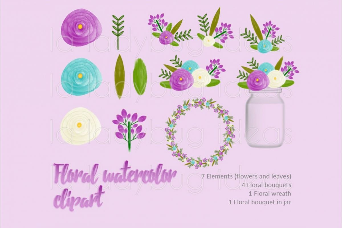 Purple and turquoise floral watercolor clip art collection. example image 1