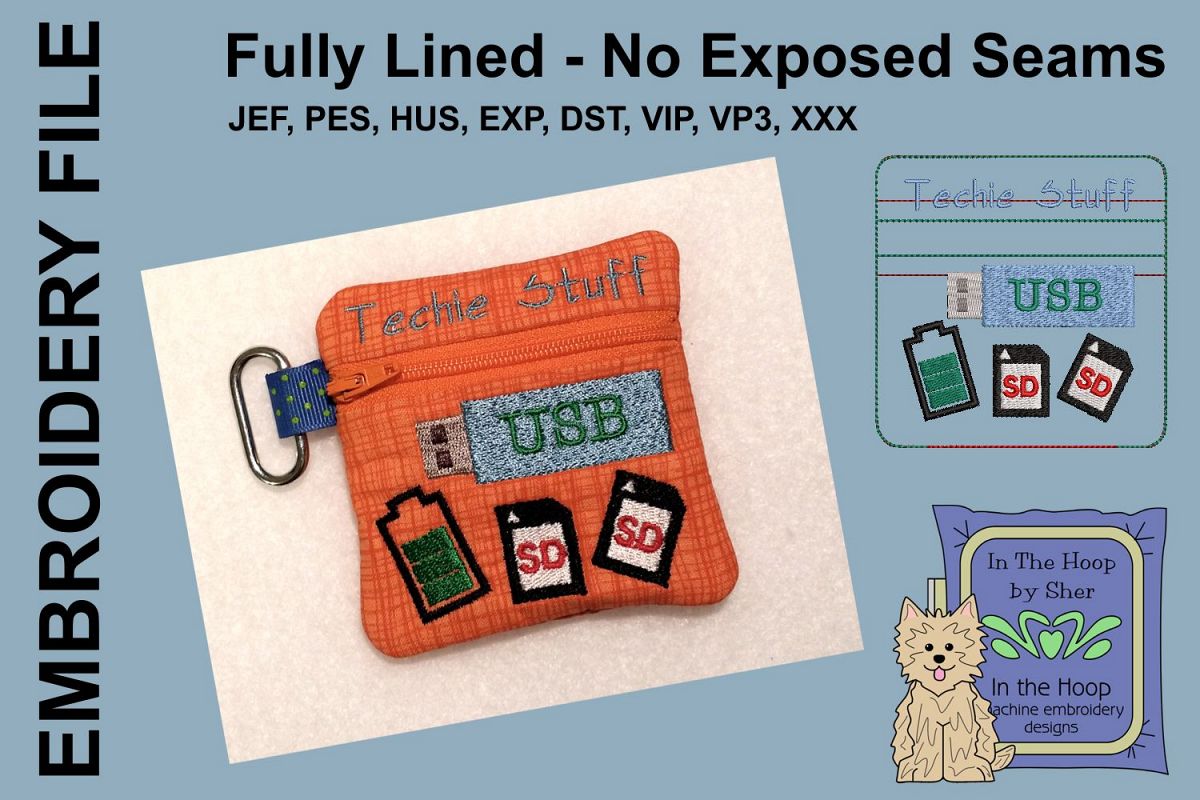 Techie Stuff Mini Zipper Bag / Fully Lined, 4X4 HOOP example image 1