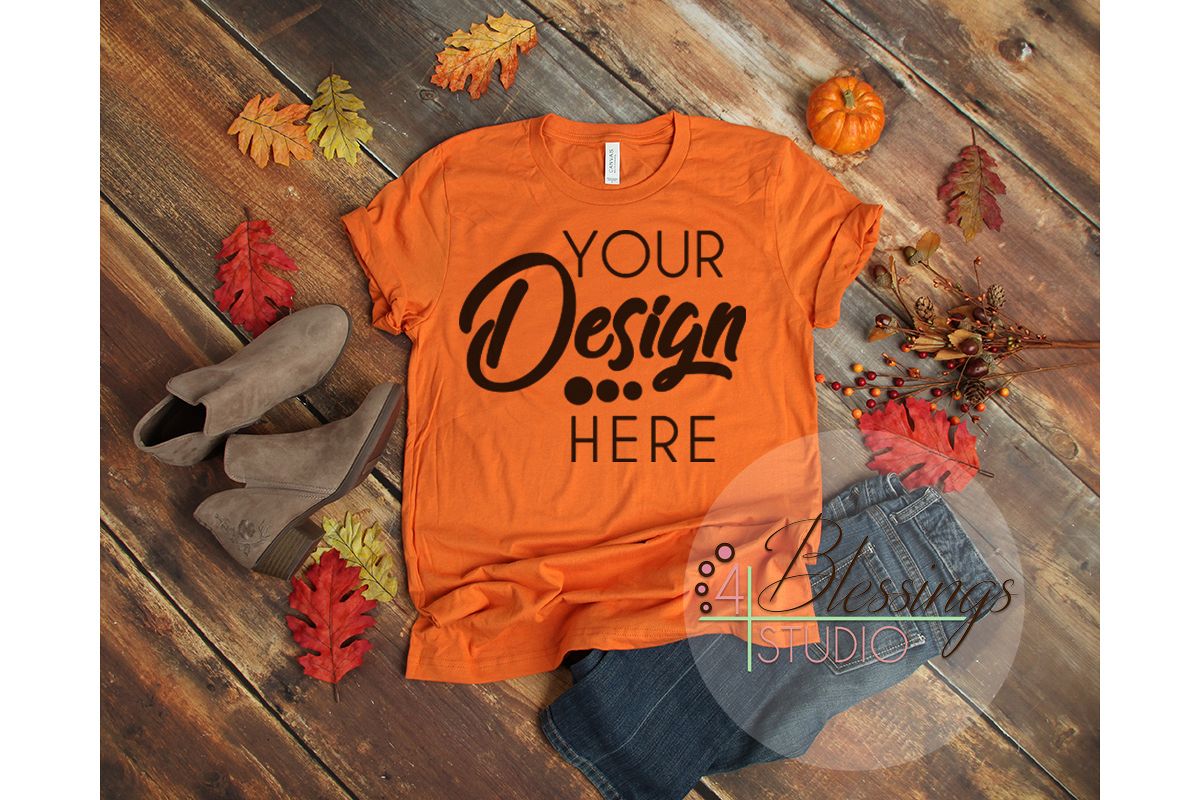 Download Fall Flat Lay Mock up Bella Canvas 3001 Burnt Orange T-Shirt (138615) | Mock Ups | Design Bundles