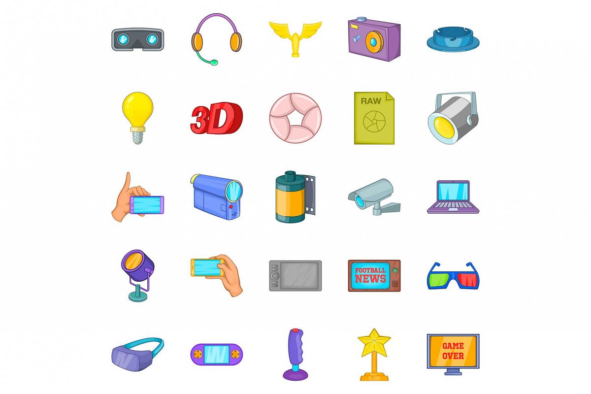Camera film icons set, cartoon style example image 1
