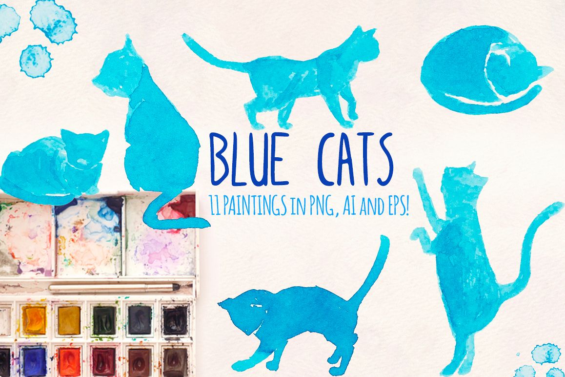 11 Blue Cat Silhouette Watercolor Graphics example image 1