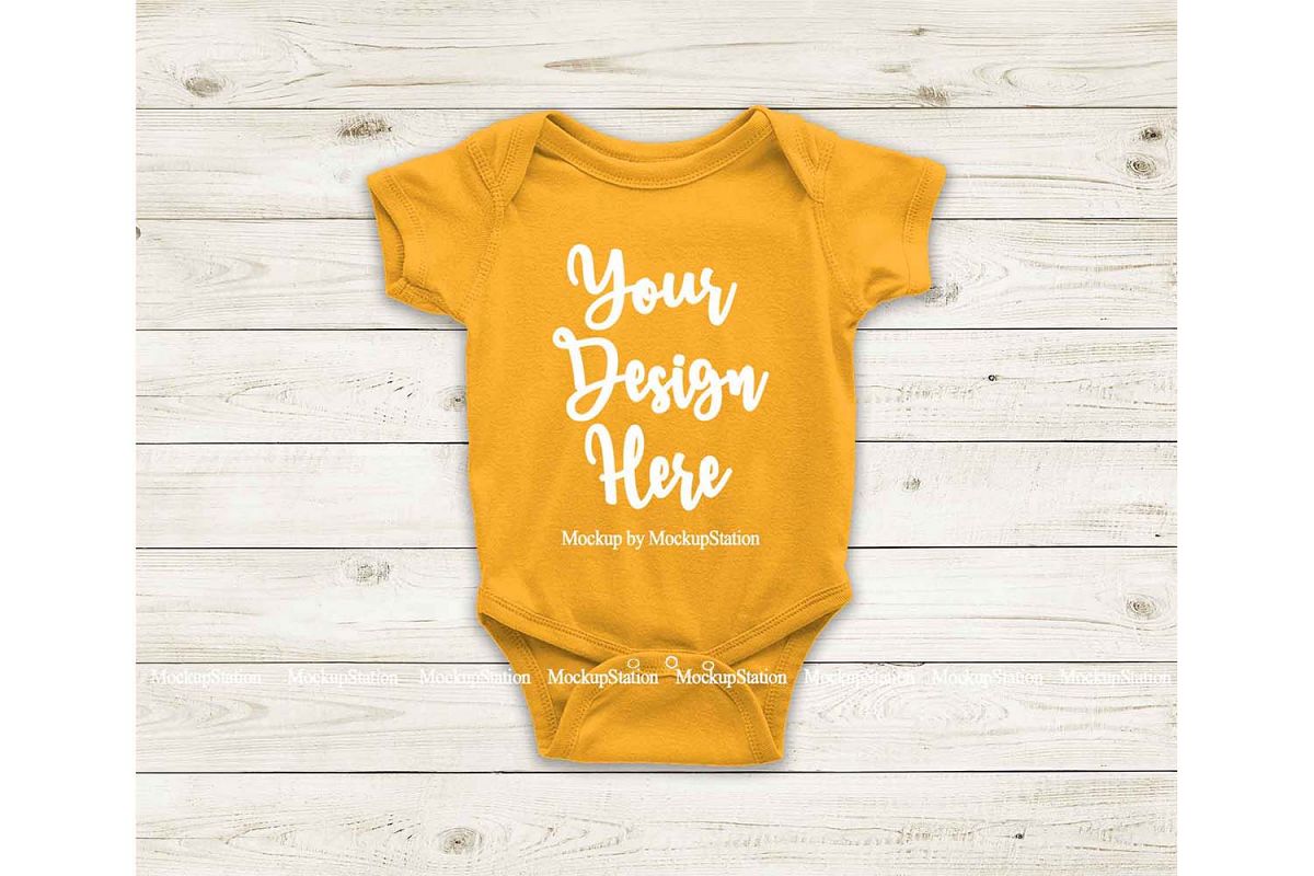Gold Yellow Blank Baby Bodysuit Mockup, Newborn Toddler Tee example image 1