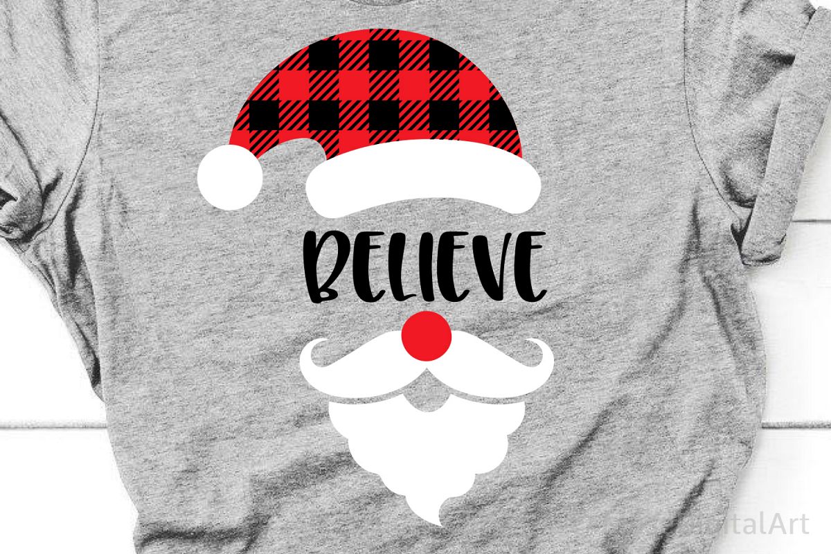 Believe Svg, Christmas Svg, Buffalo Plaid Svg, Santa Hat Svg example image 1