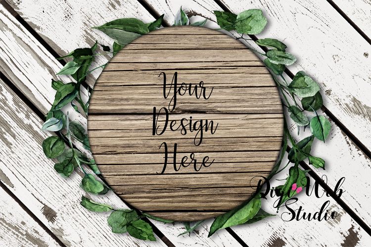 Download Flat Lay Wood Sign Mockup - Round Wood Sign on Leaf Wreath ...