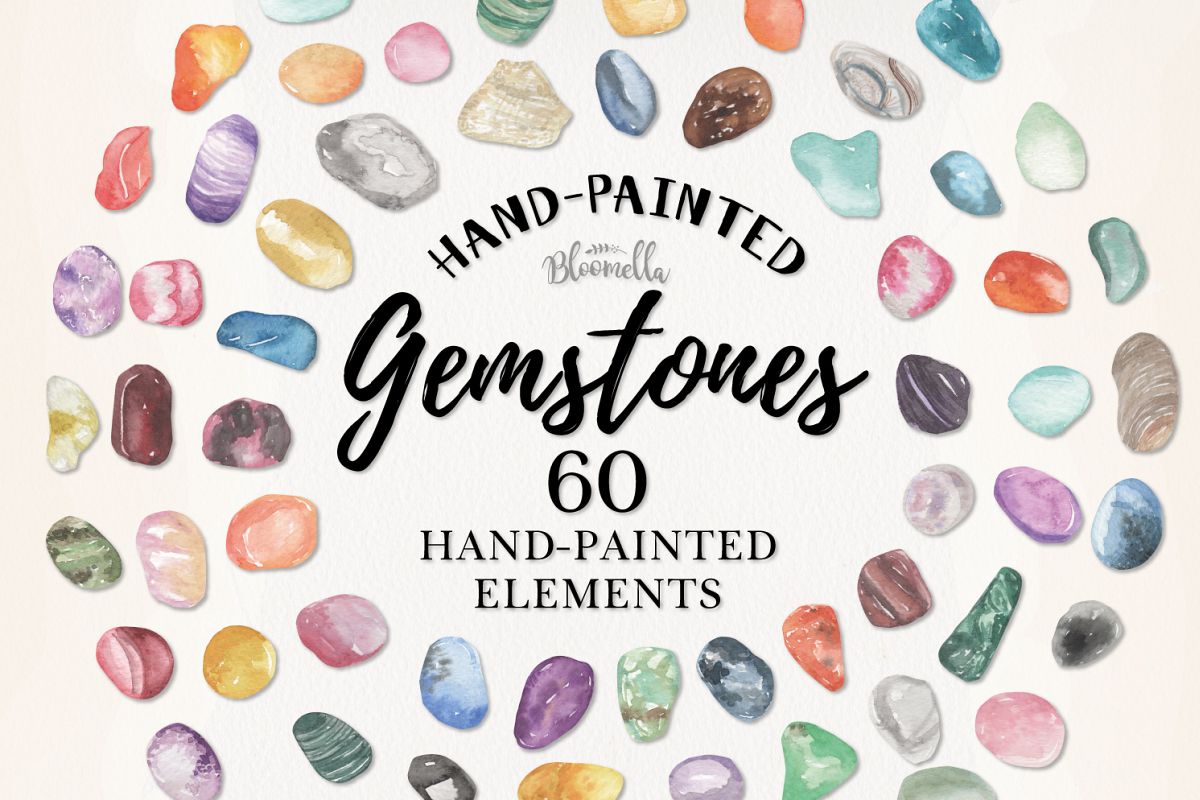 60 Gemstones Watercolor Elements Painted PNG Stones Crystals example image 1