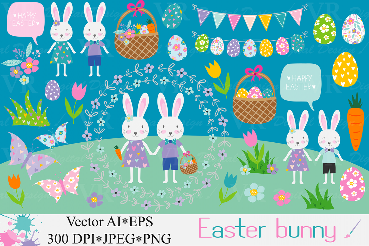Easter bunny clipart / Easter rabbit, eggs vector graphics / Easter bunnies illustration / Spring clipart example image 1