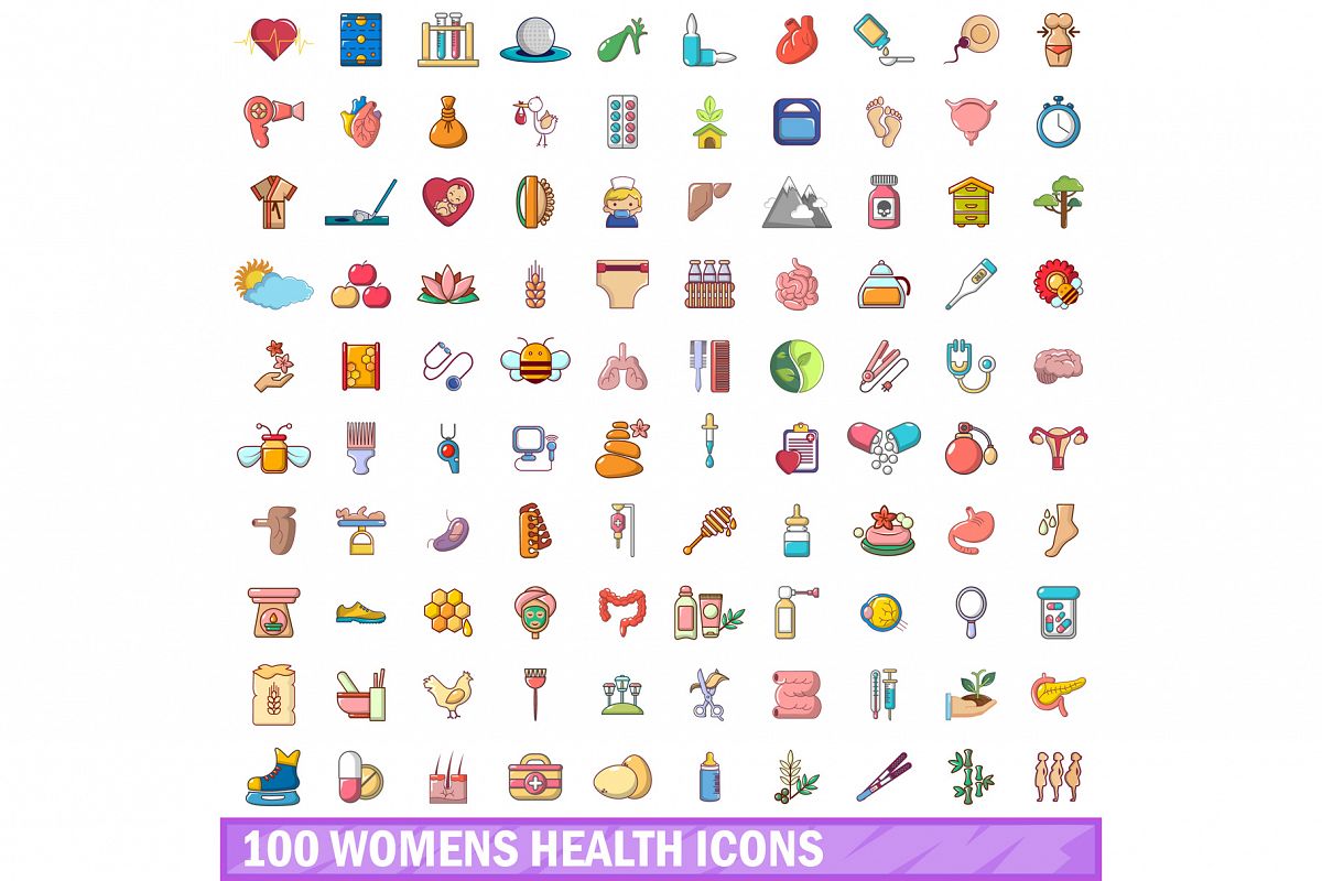 100 womens health icons set, cartoon style example image 1