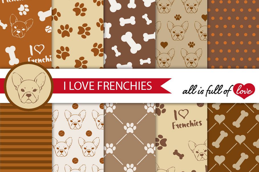 I Love Frenchies Digital Paper French Bulldog Background Patterns in Brown example image 1
