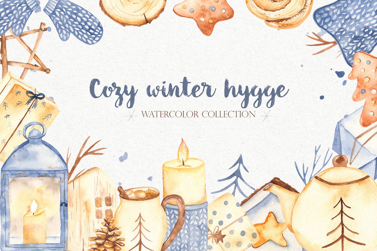 Hygge watercolor clipart Christmas cozy winter collection example image 1