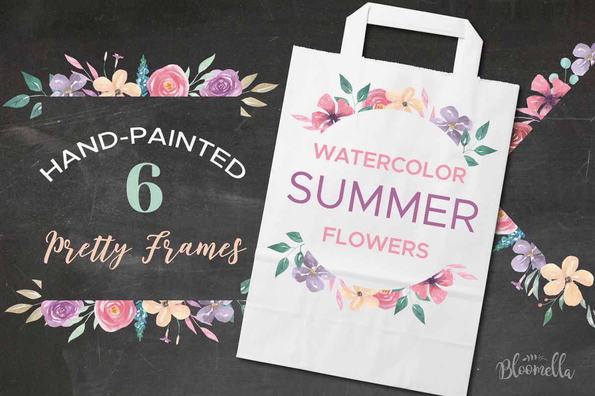 Watercolor 6 Frames Set Flowers Borders Spring Summer example image 1