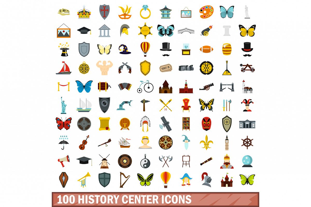 100 history center icons set, flat style example image 1